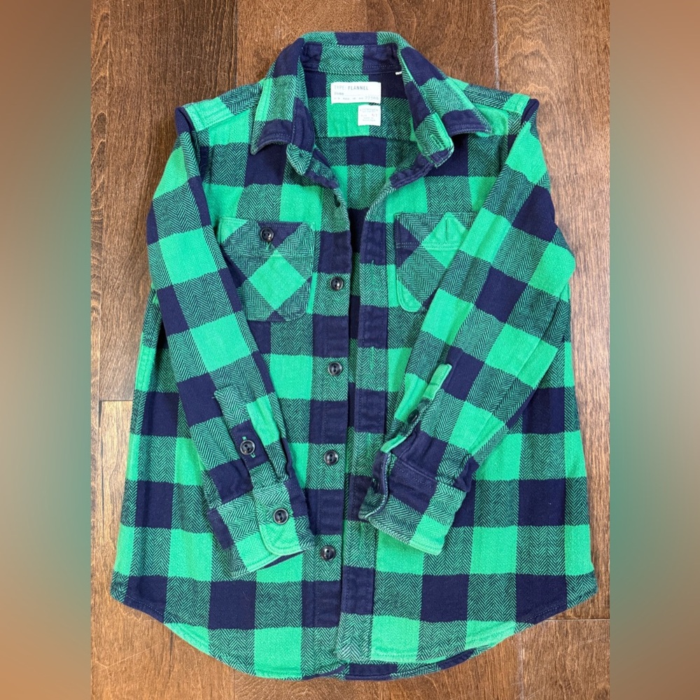 Crewcuts Boy 6-7 Green and Navy Plaid Button Down Flannel Shirt